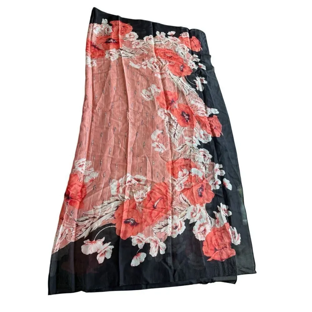 NWT Ann Taylor Womens Black Red Floral Silk Blend Sheer Lightweight Scarf